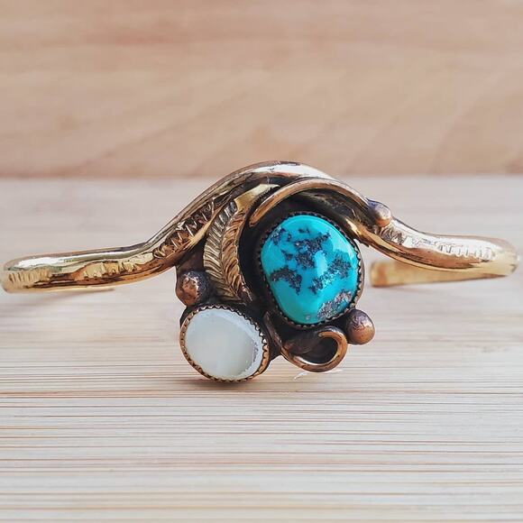 Vintage Jewelry - Navajo Turquoise Sterling Silver GF Gold Filed Cuff Bracelet Small 6.75in